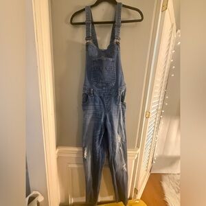Royal Blue Denim Overalls Skinny Leg Distressed Size 11 Inseam 32